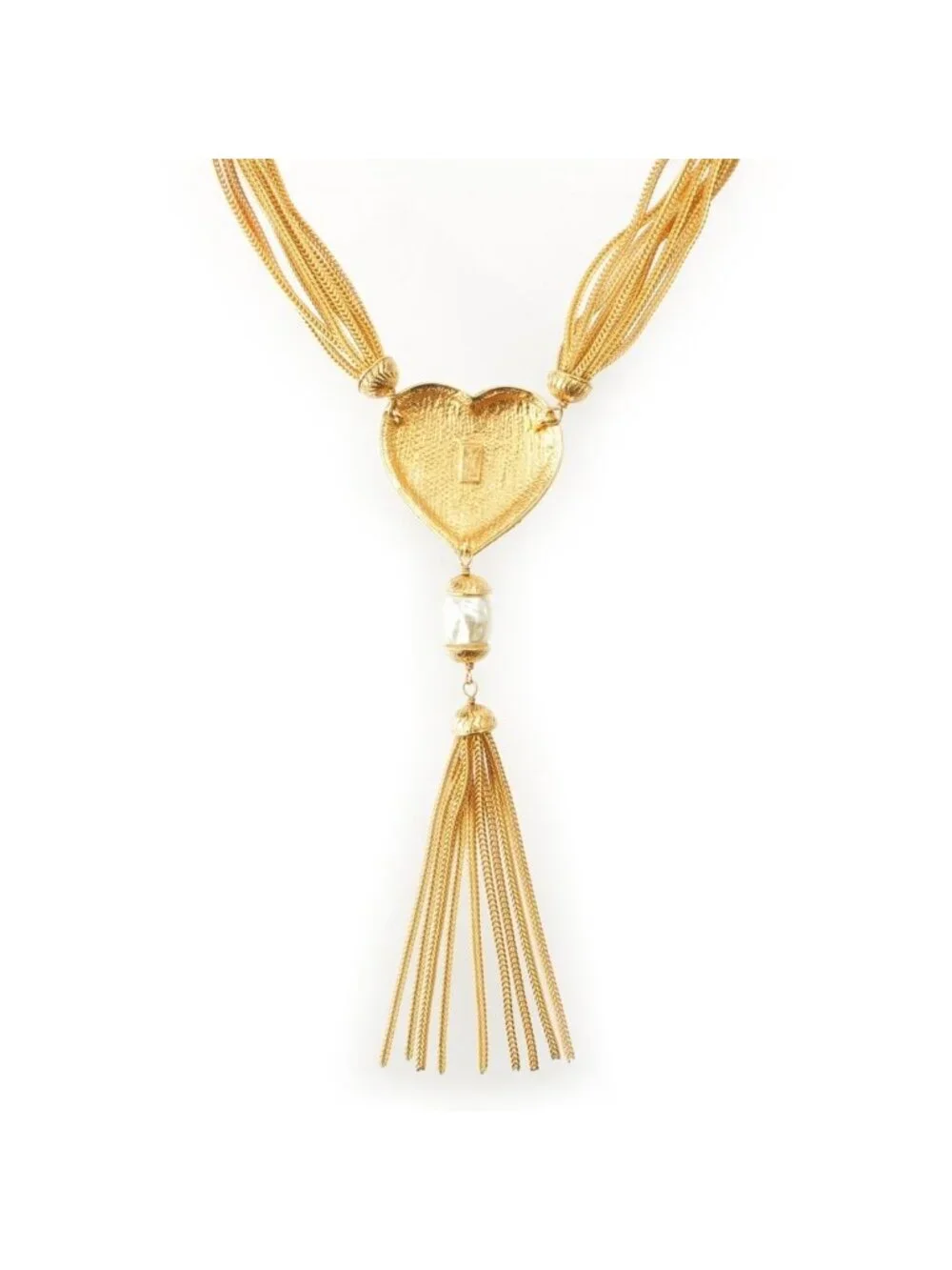 Saint Laurent Vintage Heart Fringe Pearl Necklace Gold